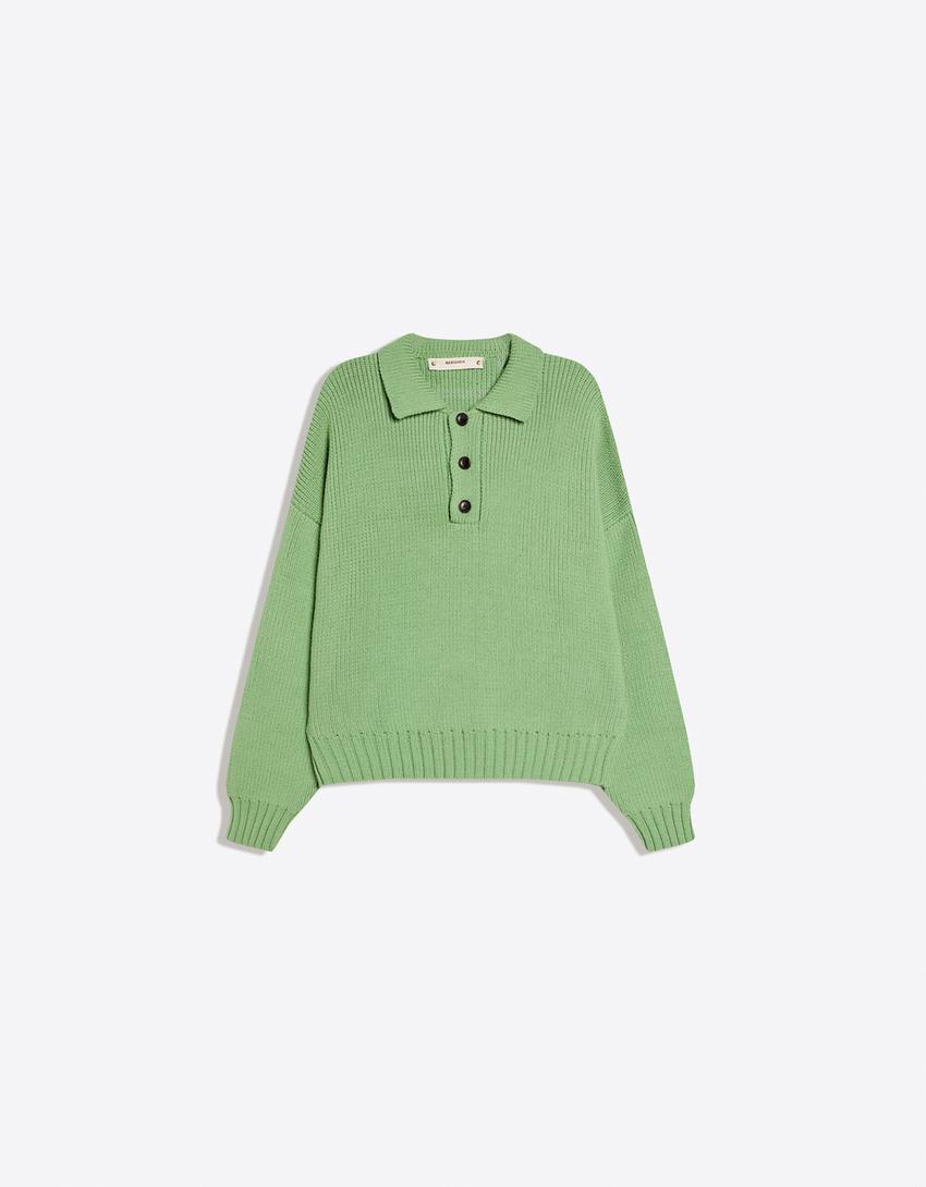 Boxy polo collar sweater-Green