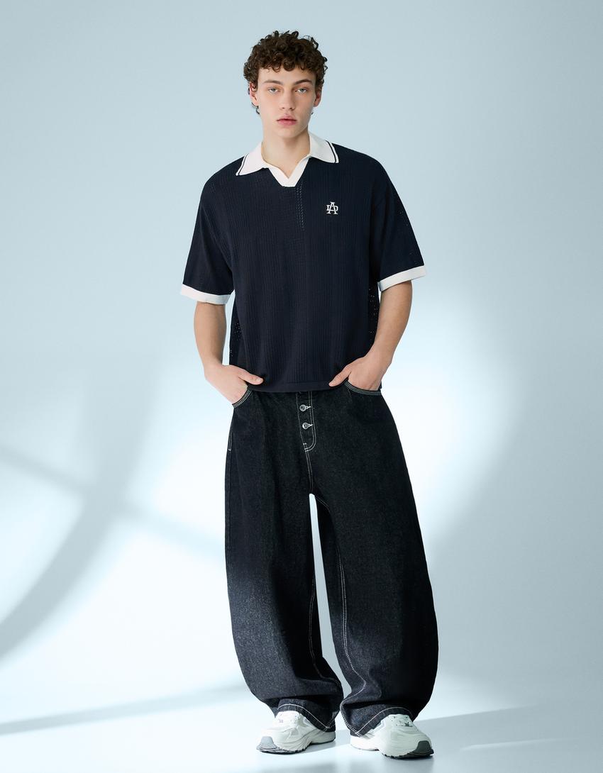 Kemeja polo lengan pendek bergambar-Navy