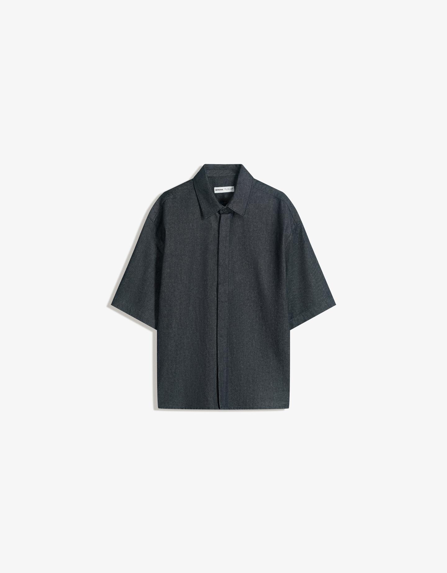 Bershka koszula boxy z krótkim rękawem granatowy