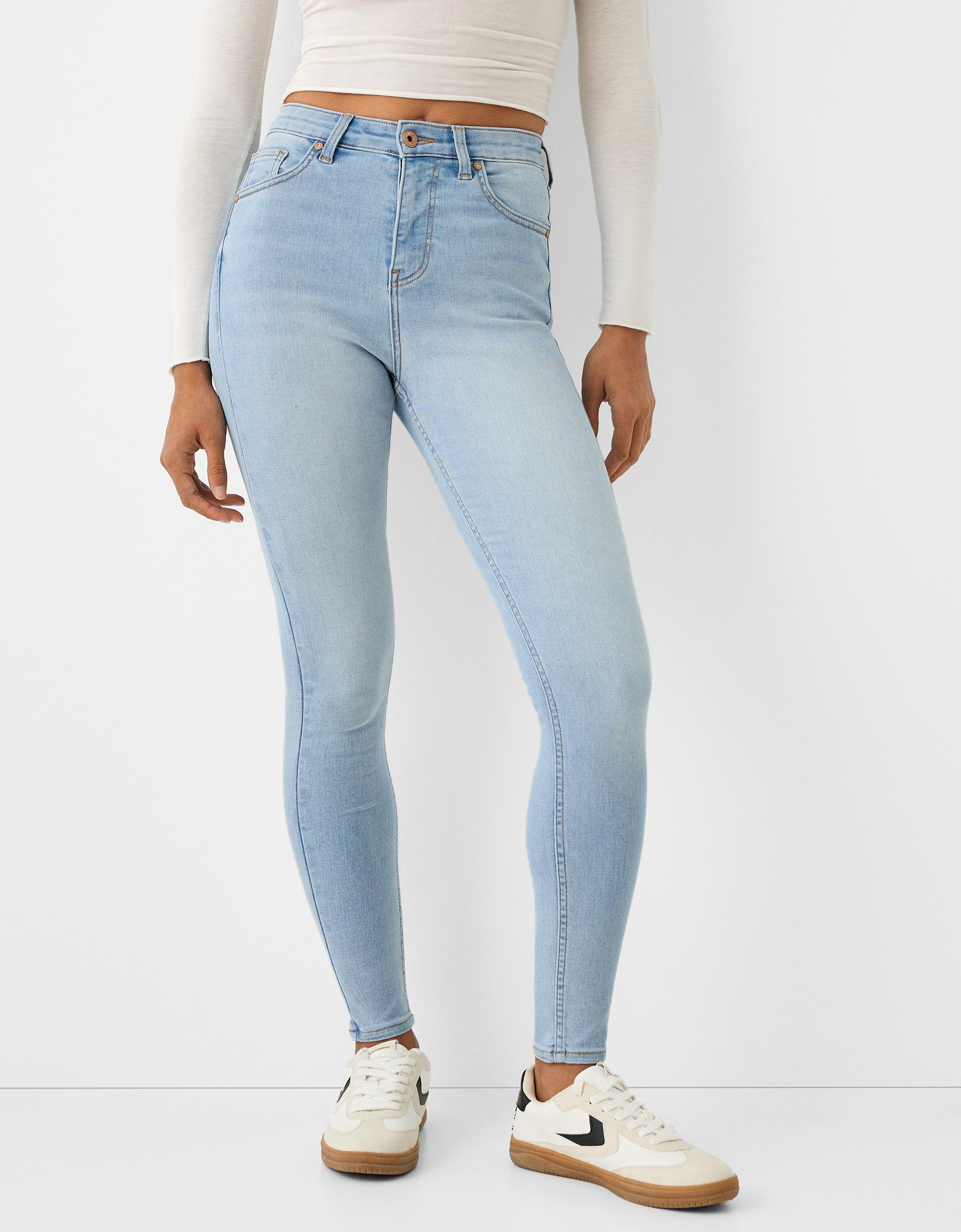 Bershka Skinny-Jeans Mit Sehr Hohem Bund Damen 44 Hellblau