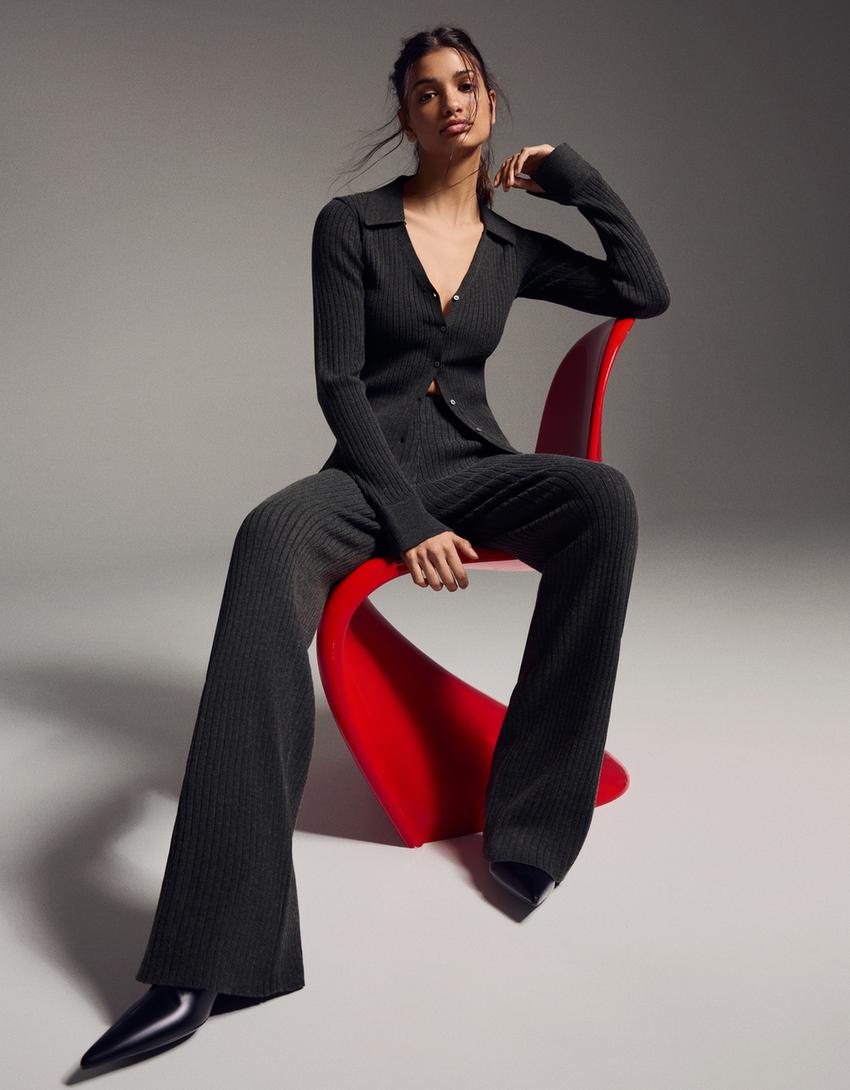 Wide-leg rib trousers-Dark grey