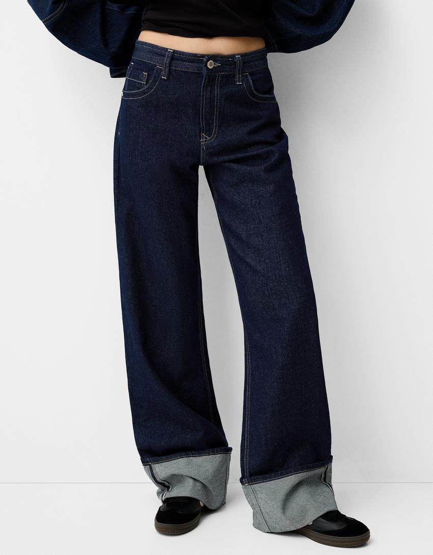 Wide-leg '90s jeans with turn-up hems-Navy-1