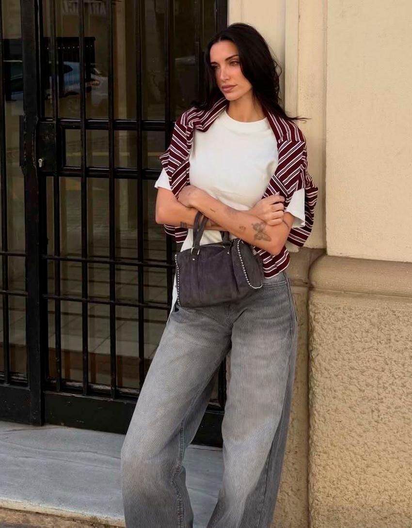 Düşük bel fitilli kadife boyfriend jean-Gri