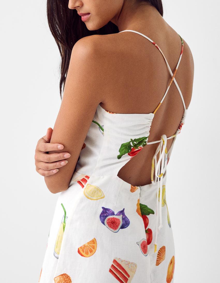 فستان قصير مطبوع من مزيج كتان-بيج-6