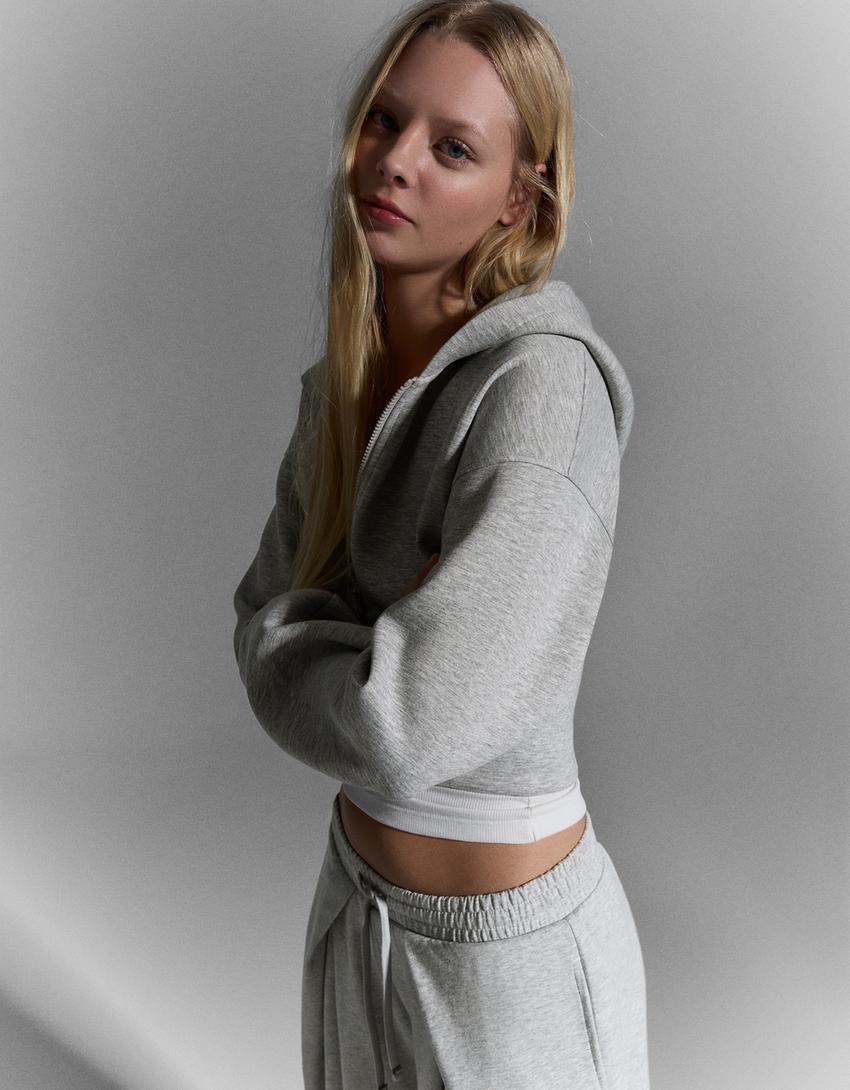 Sudadera cremallera capucha cintura alta-Gris
