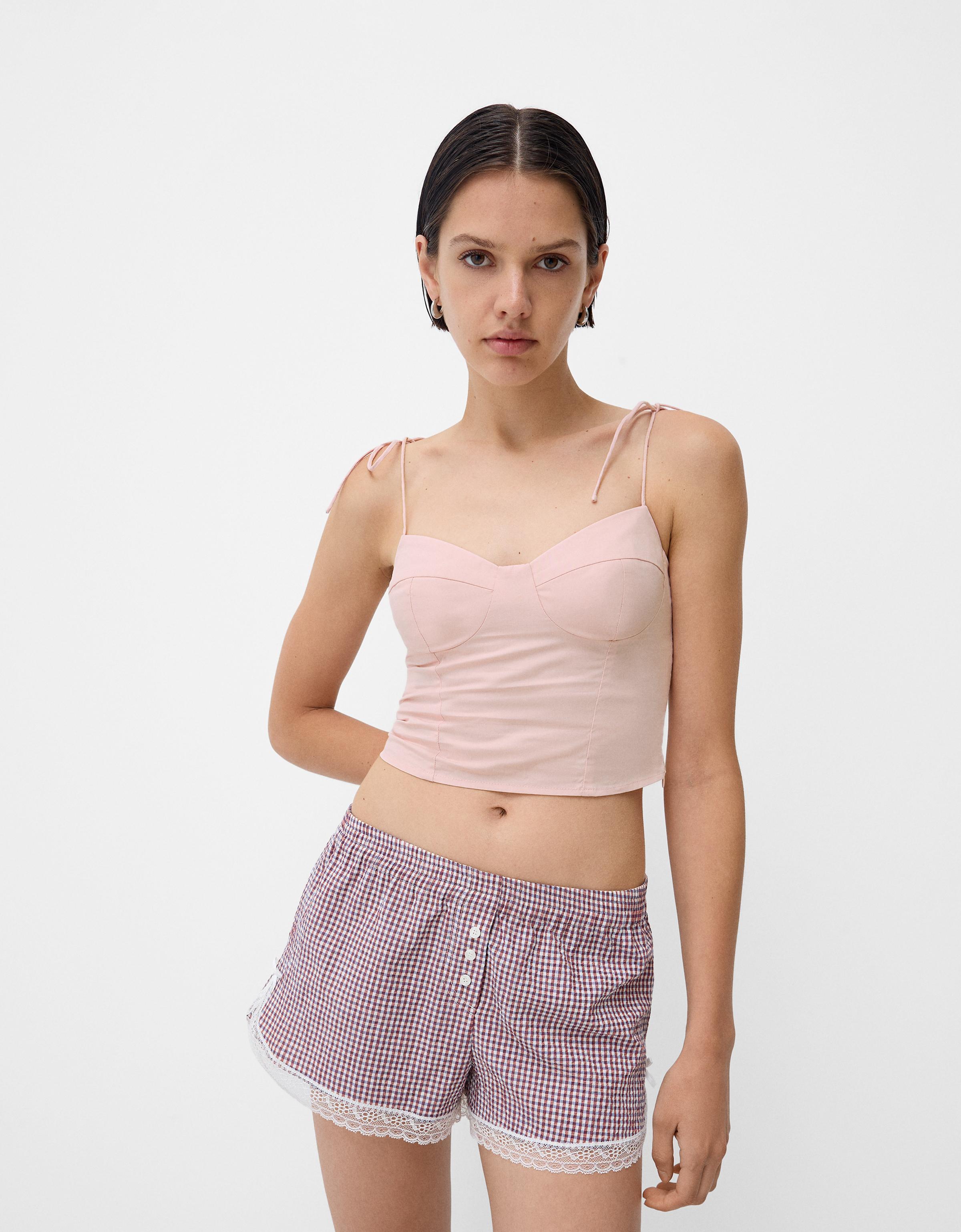 Bershka Cropped-Top Mit Bändern Und Schleife Damen M Rosa