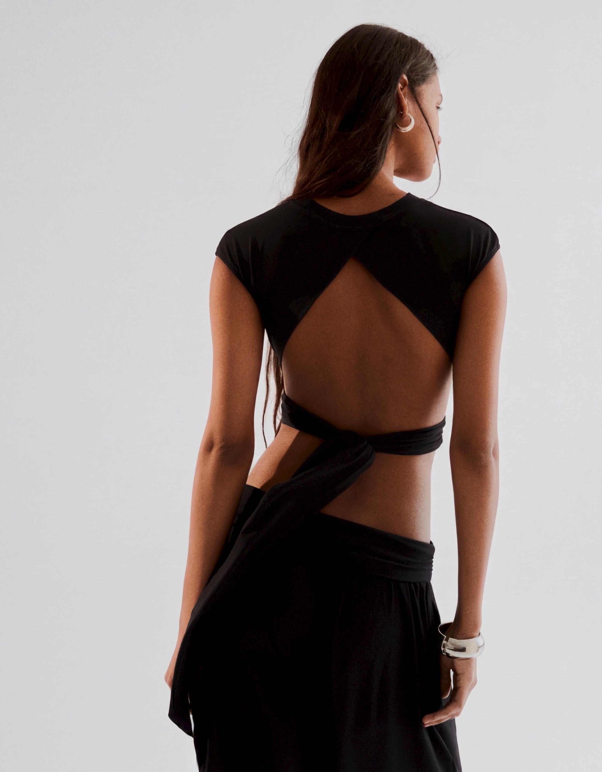 Round neck top with back knot — Black