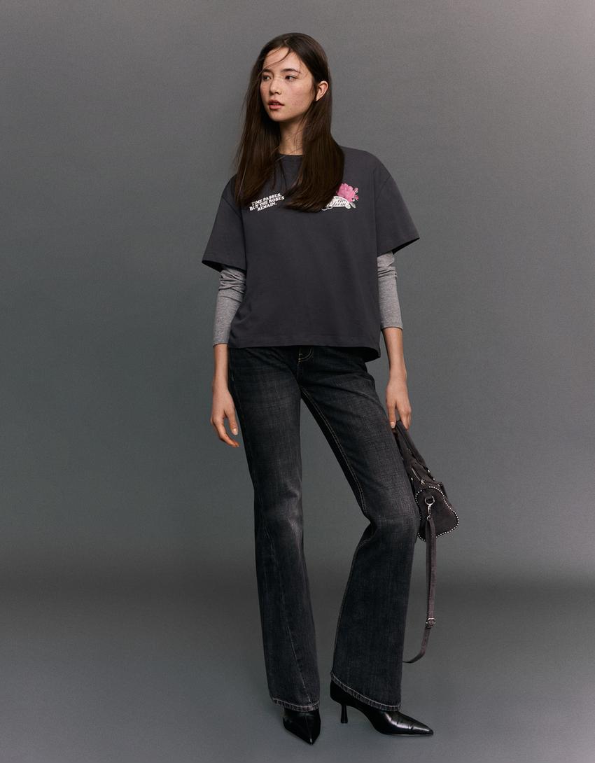 Oversize-T-Shirt mit kurzen Ärmeln und Print-Dunkelgrau