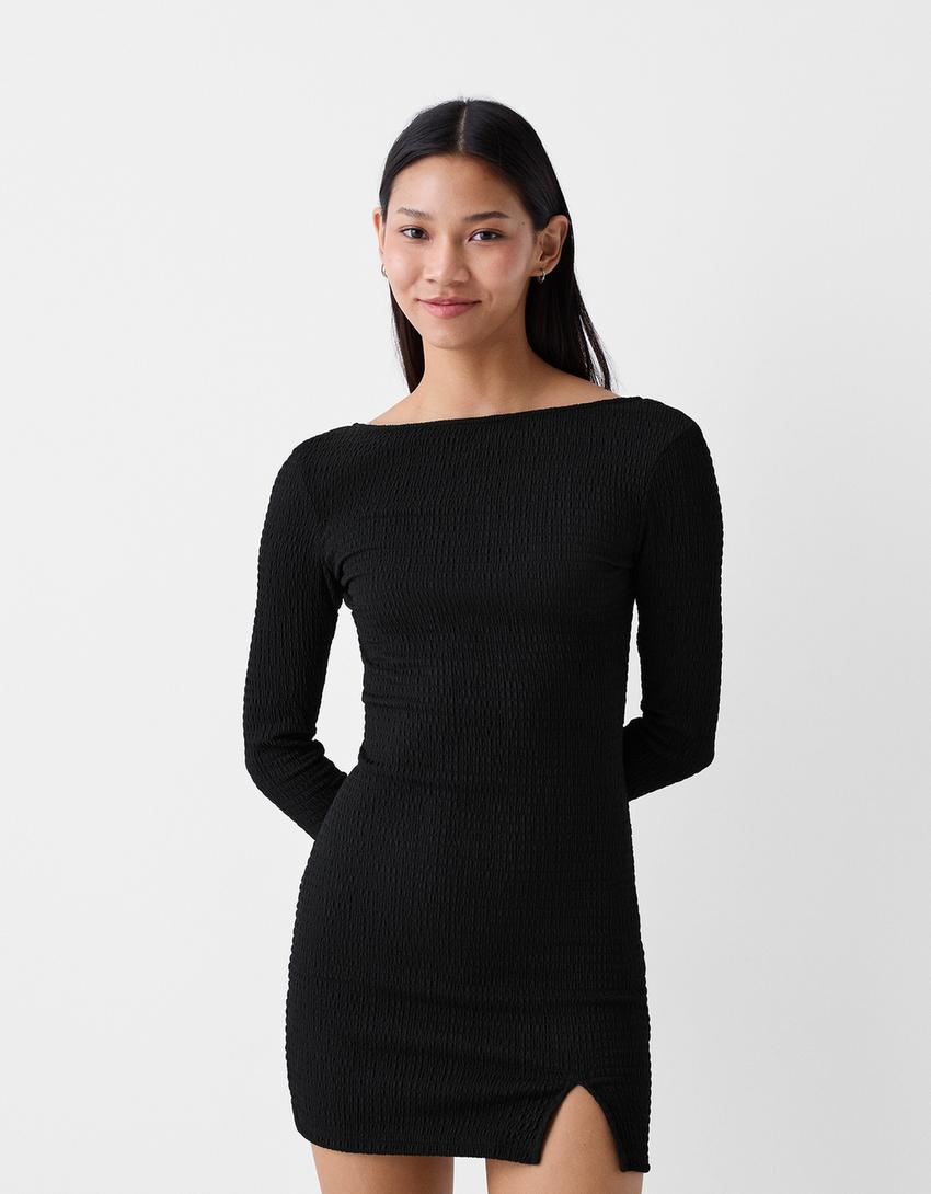 Waffle-knit long sleeve mini dress-Black