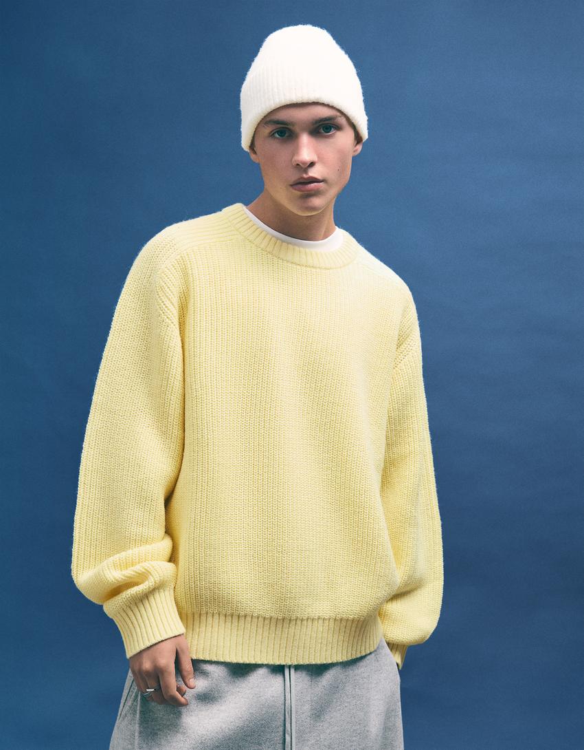 Purl knit wool blend sweater-Yellow