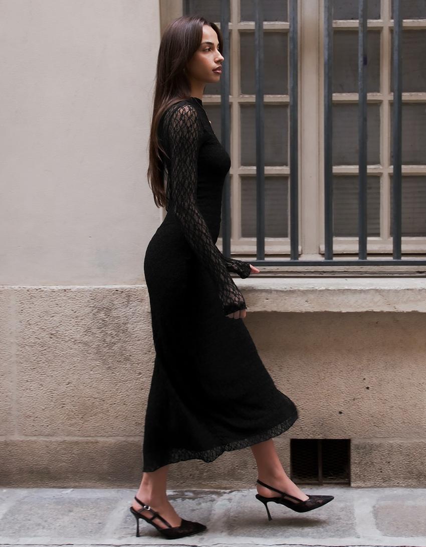 Midi-Kleid mit langen Ärmeln und Spitze-Schwarz