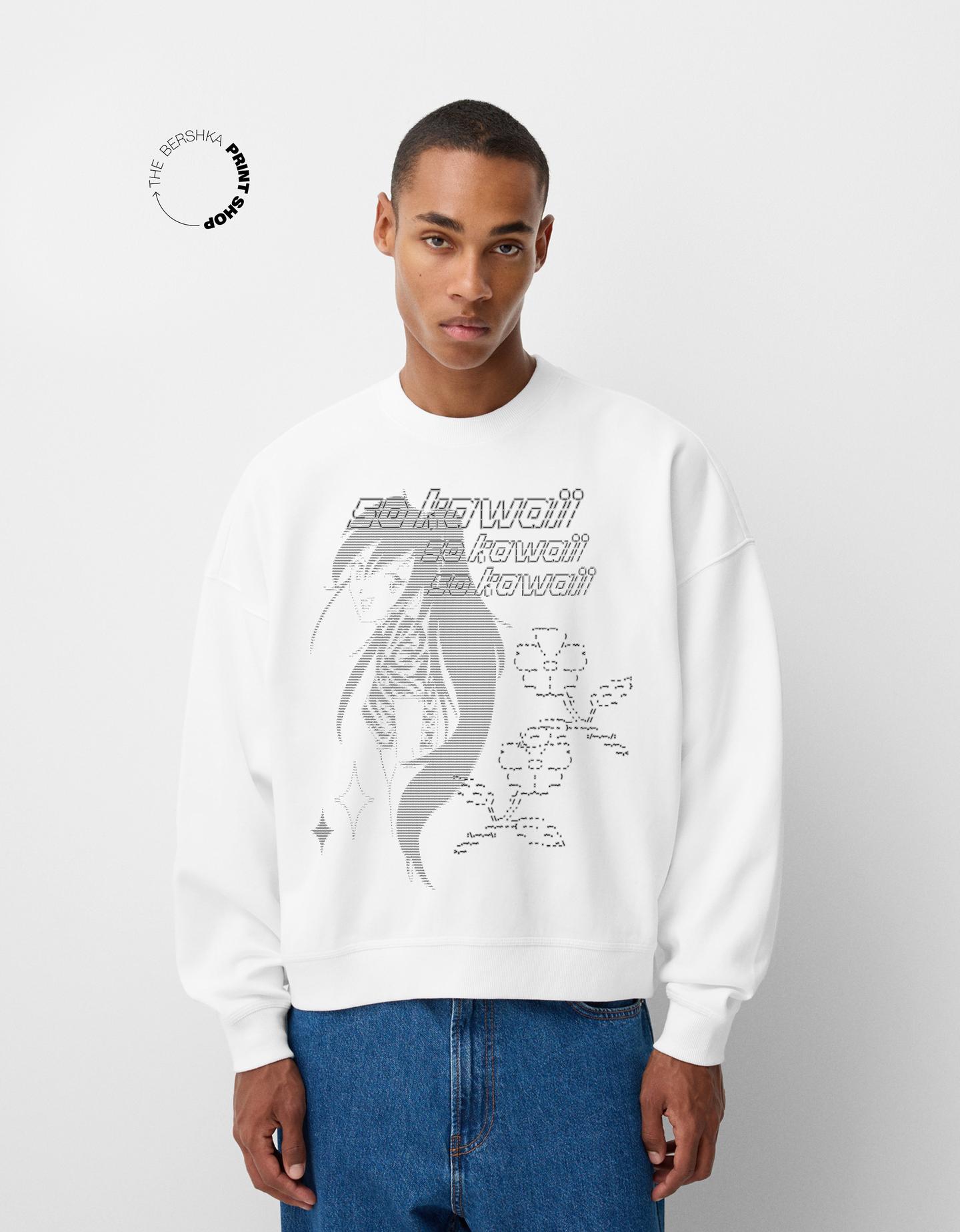 Bershka Sudadera Felpa Print Hombre M Blanco