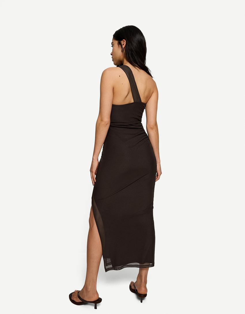 Robe midi en tulle asymétrique-Marron-1