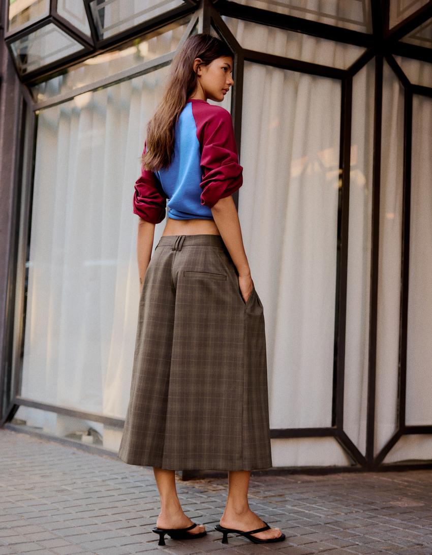 Kruvaze düğmeli culotte pantolon bermuda-Kahverengi