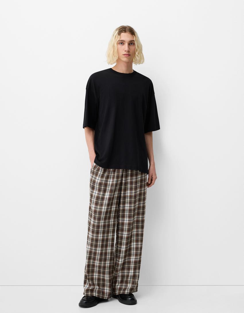 Calças direitas aos quadrados-Marrom-1