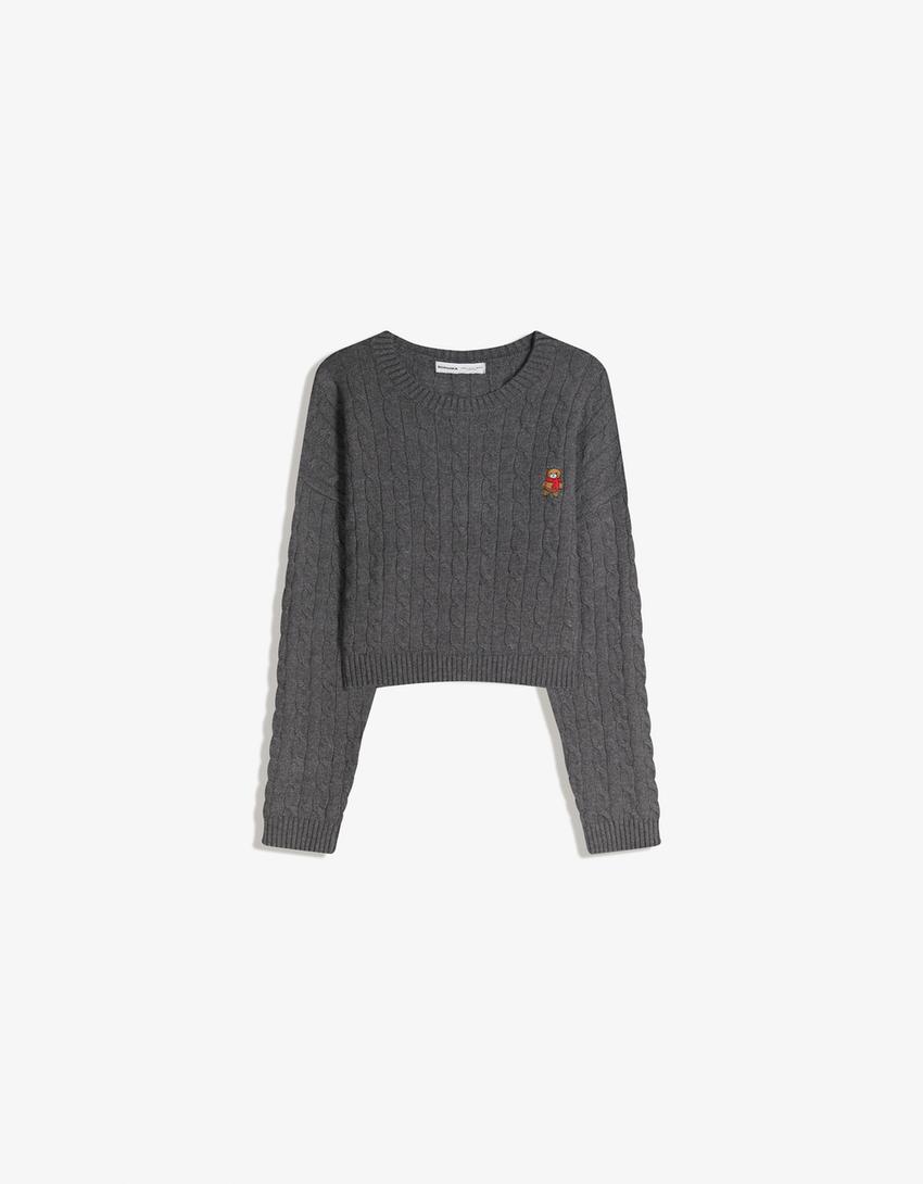 Embroidered cable-knit sweater-Dark grey