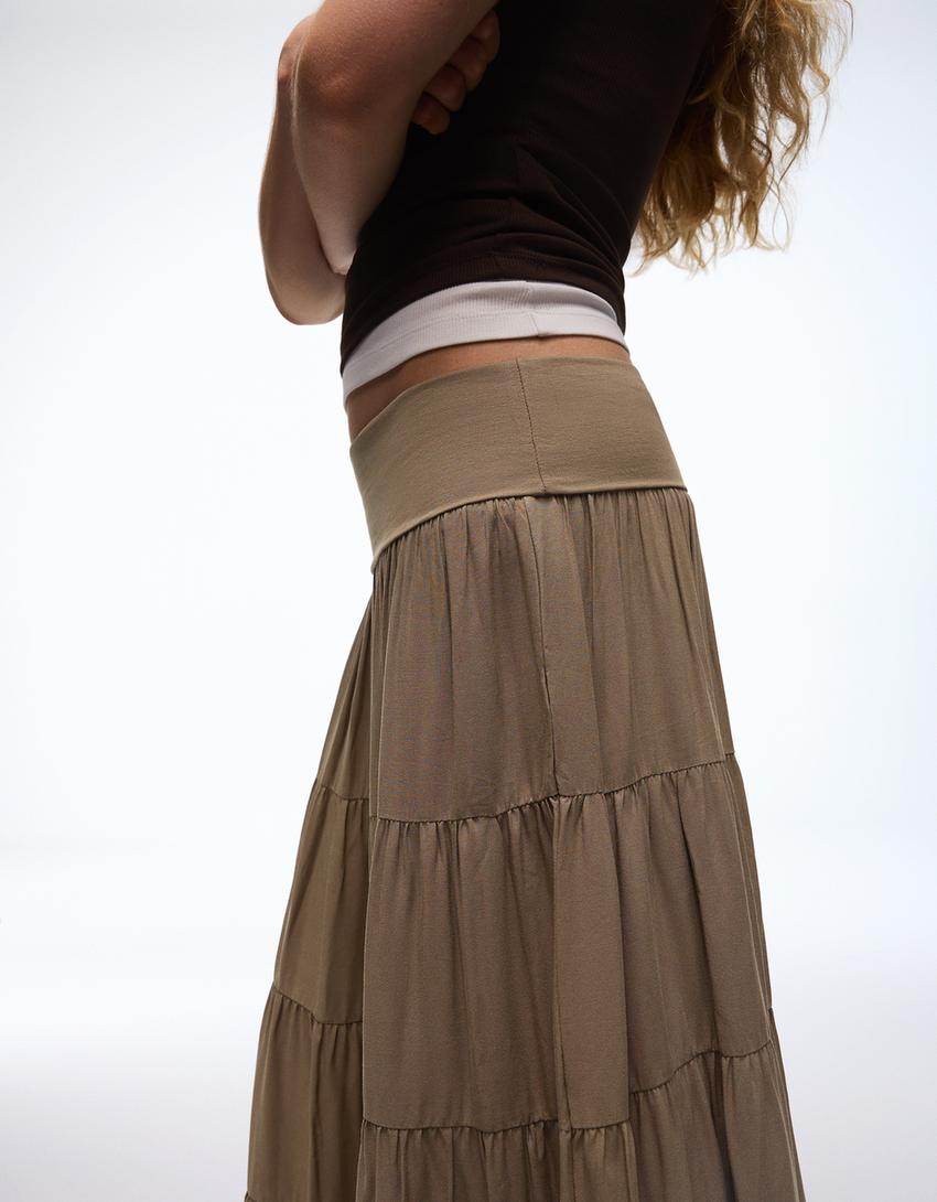 Midi-Rock mit umgeschlagener Taille-Khaki