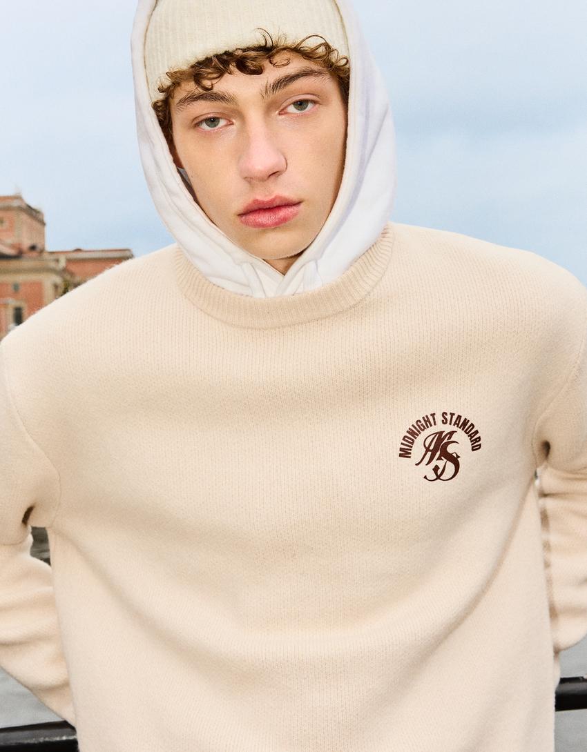 Jacquard-Pullover mit Print-Beige