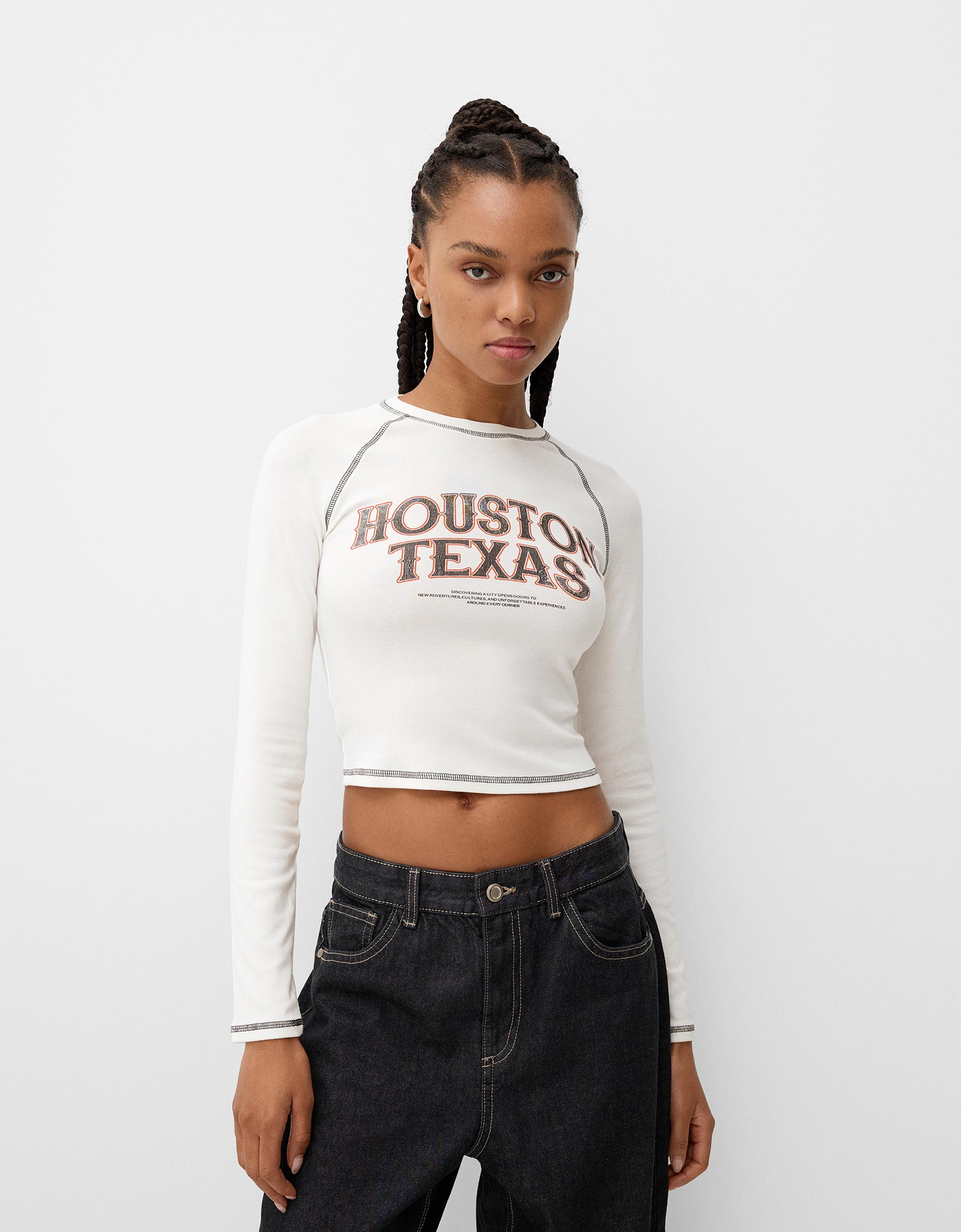 Bershka Langarmshirt Mit Kontrast Und Print Damen S Rohweiß