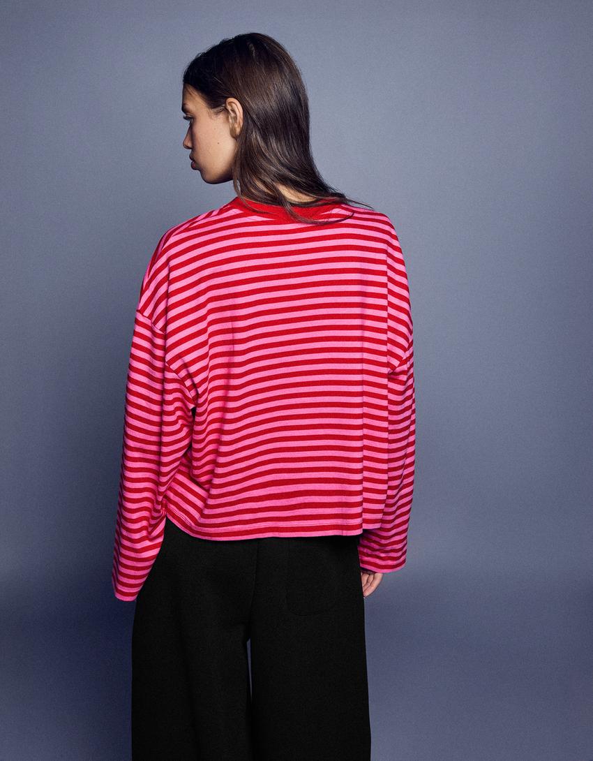 Striped long sleeve boxy T-shirt-Pink