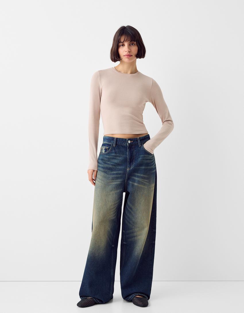 Uzun kollu bisiklet yaka t-shirt-Kum rengi-3