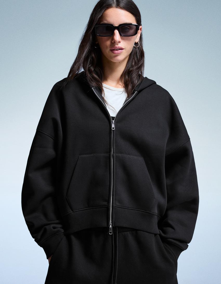Sweatshirt fecho de correr oversize capuz-Preto-0
