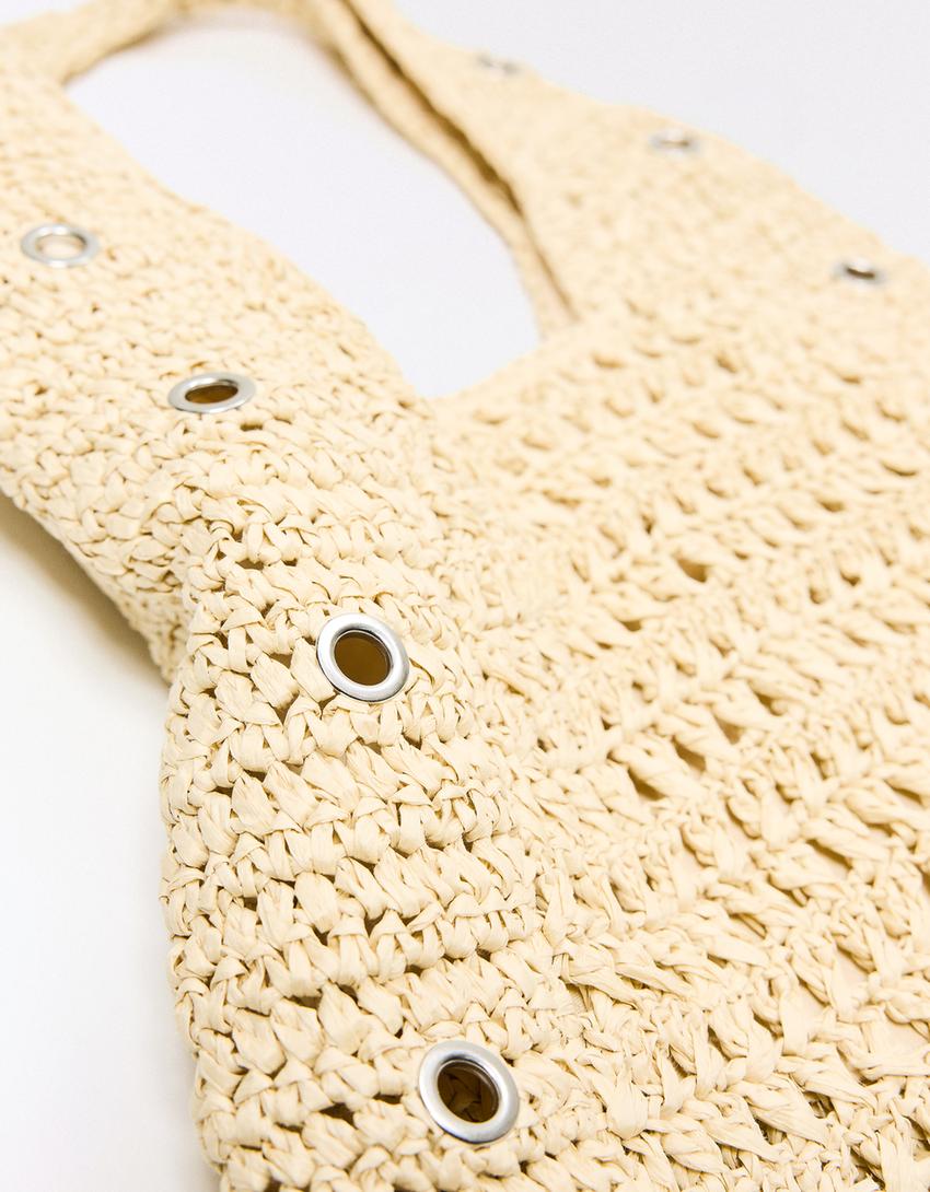 Raffia eyelet bucket bag-Sand