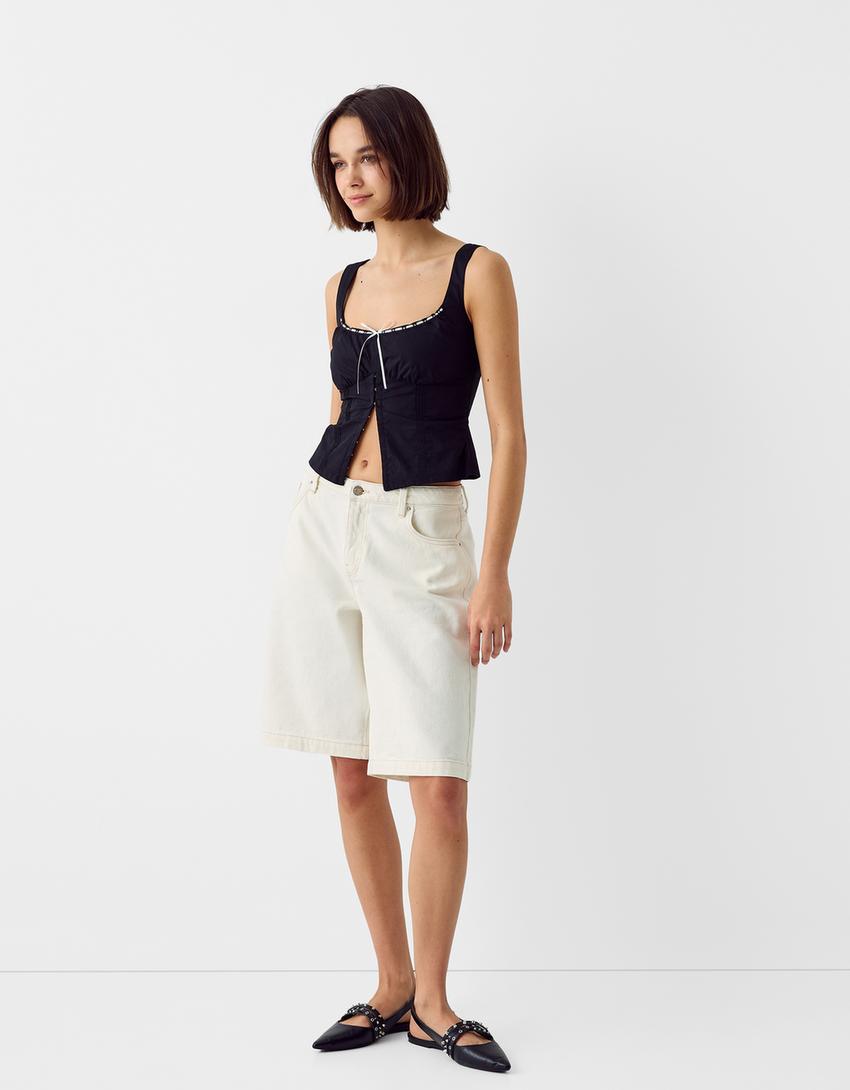 توب بوبلين بحمالات وتفصيل حافة دانتيل-أسود-3