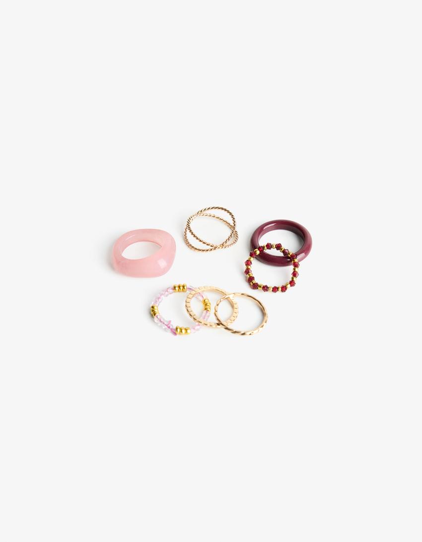 Set di 8 anelli con strass-Oro-2