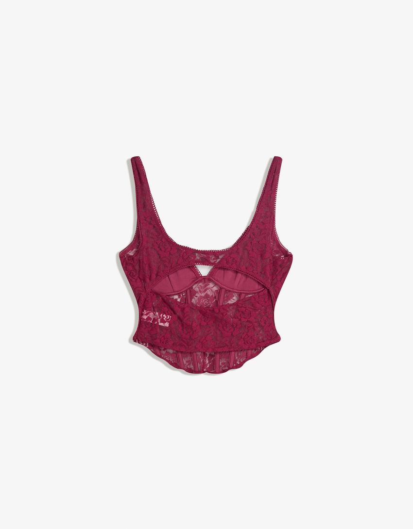 Lace top with straps-Maroon