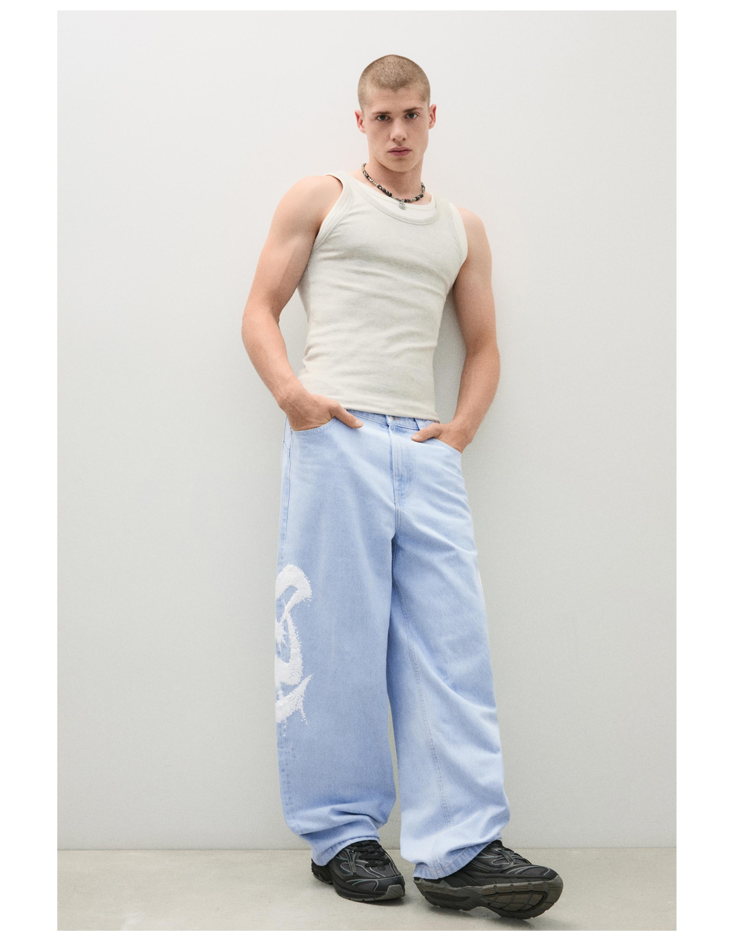 Super baggy jeans with side print — Light blue