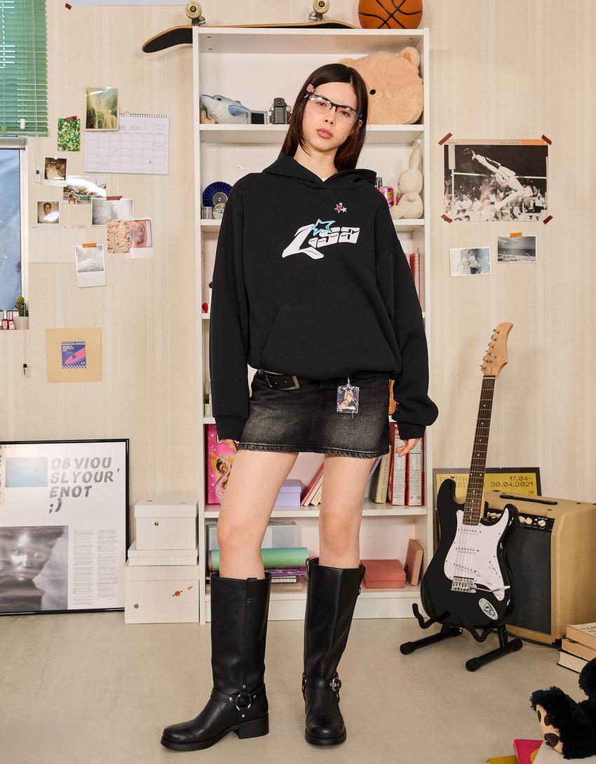 Düz kapüşonlu sweatshirt-Siyah