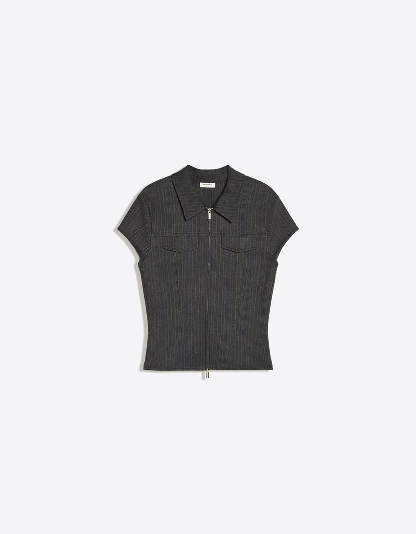 Short sleeve zip-up shirt-Dark grey