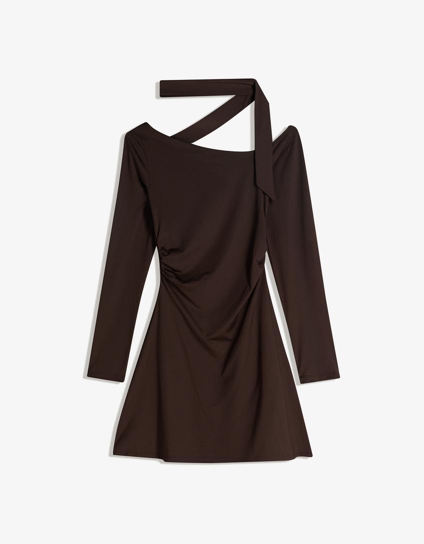 Vestido mini manga comprida detalhe lenço-Marrom