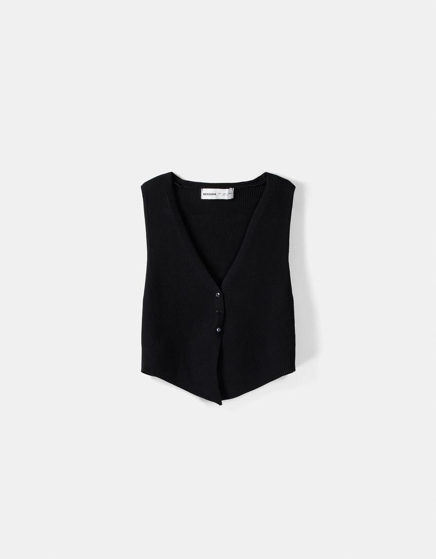 Knitted V-neck vest-Black-4