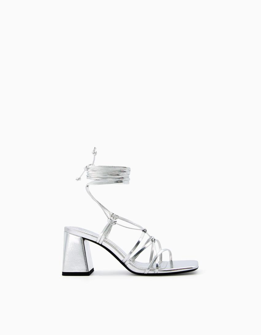 Tied heeled metallic sandals-SILVER