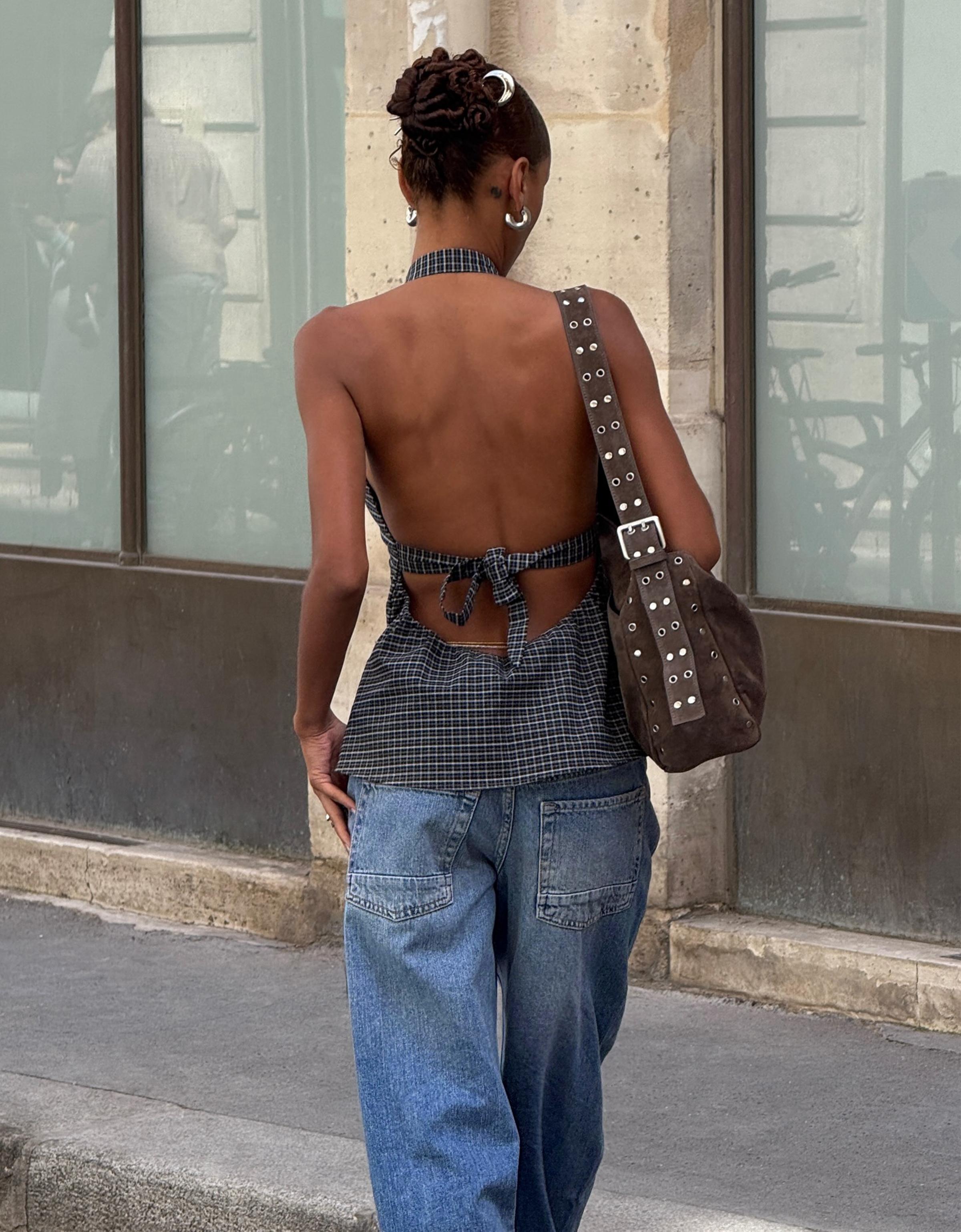 Low-rise straight-leg jeans with crossover waist — Light blue