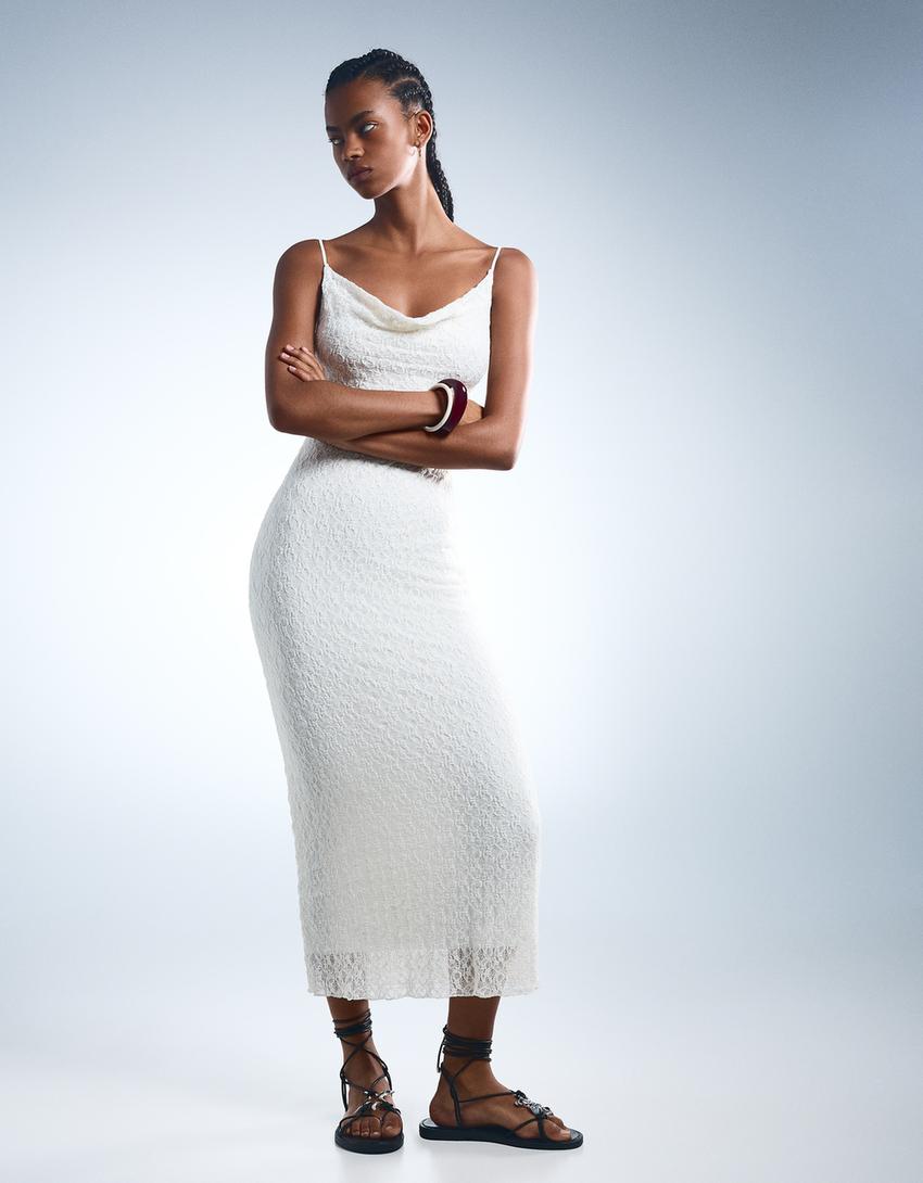 Robe midi en dentelle-Blanc cassé-0