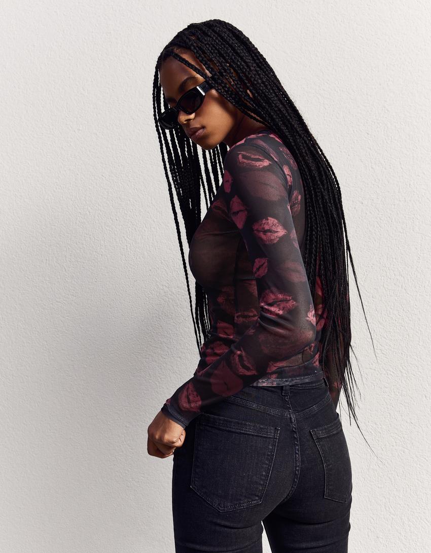 Long sleeve printed tulle T-shirt-Black