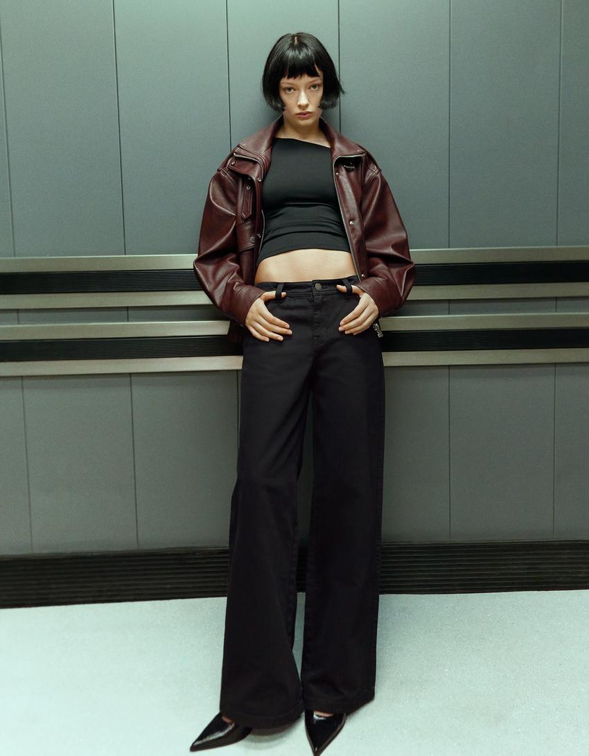 Straight-leg low-waist trousers with rhinestones-Black