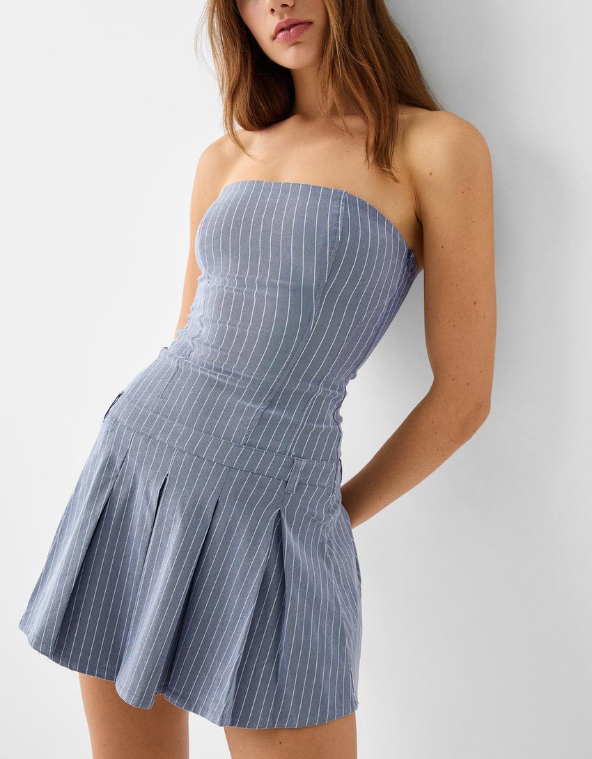 Short striped stretch box pleat dress-Blue