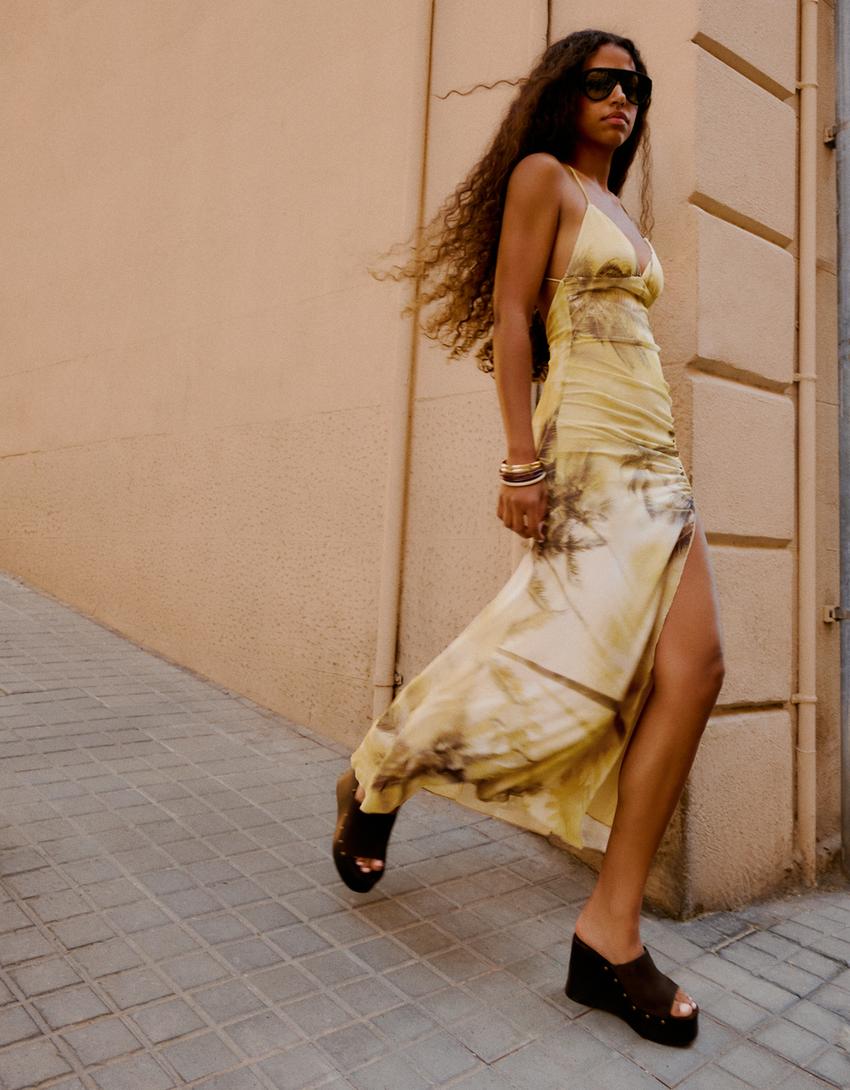 Halterneck tulle midi dress-Yellow