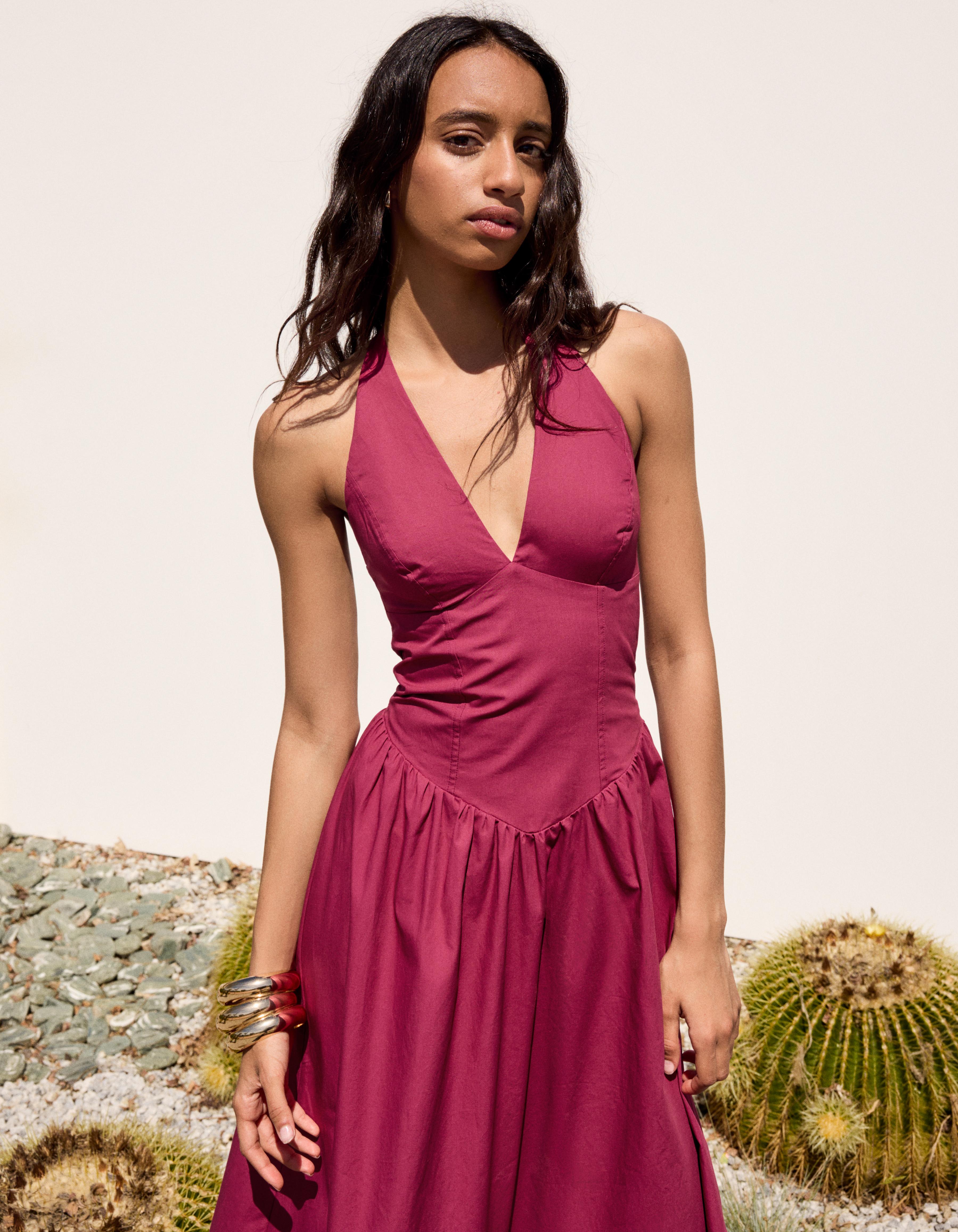 Bershka Vestido Largo Halter Popelín Mujer Burdeos