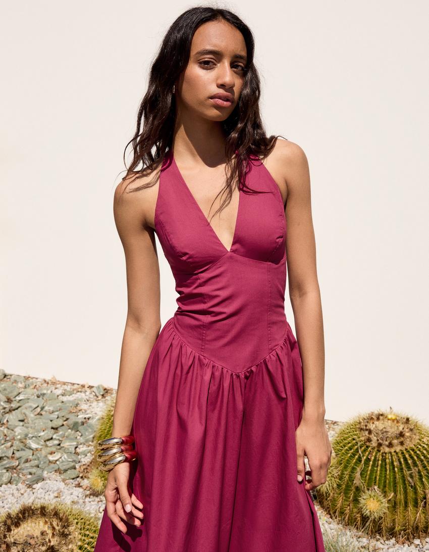 Vestido largo halter popelín-Burdeos