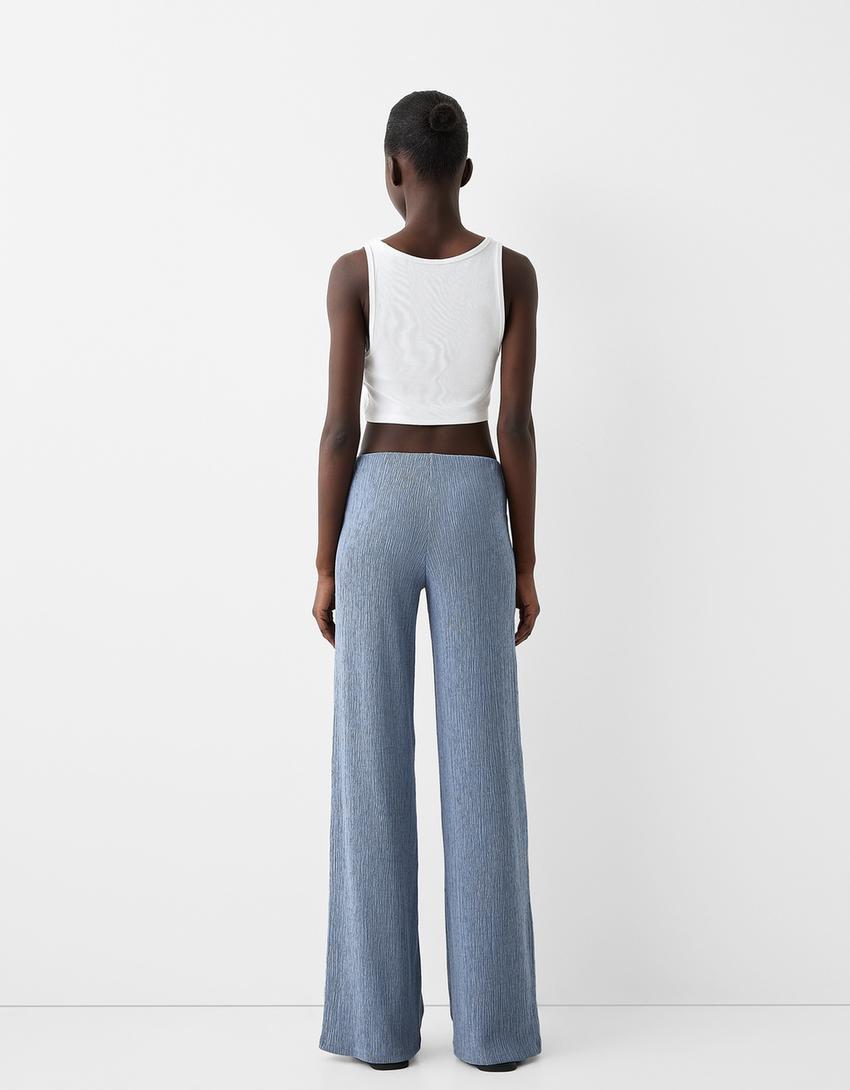 Pantalon wide leg gaufré-Bleu-2