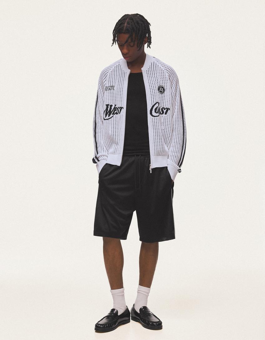 Chaqueta cremallera mesh retro-Blanco