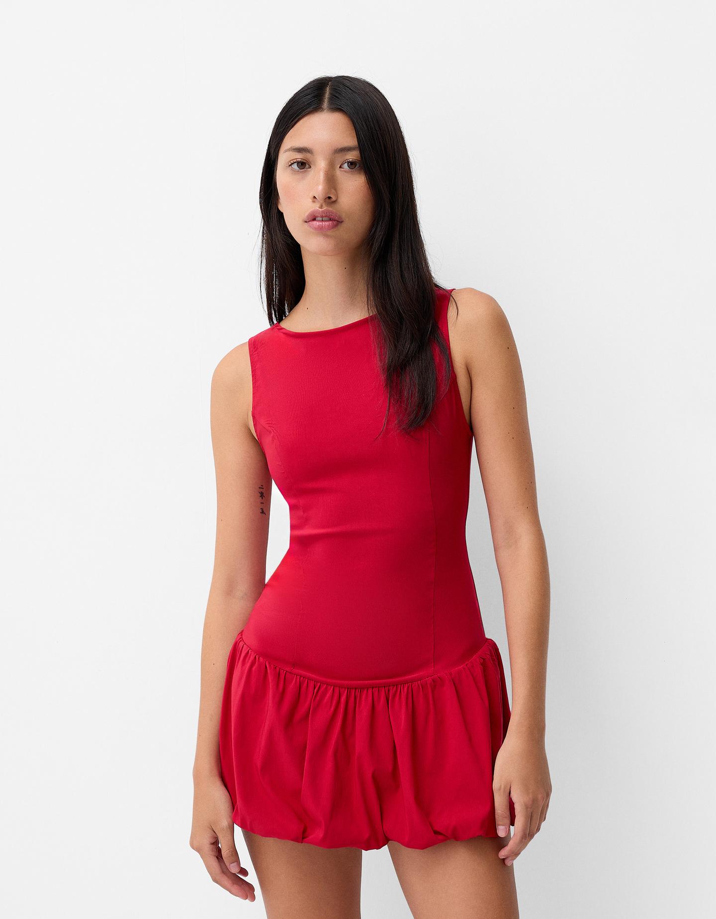 Bershka Vestido Mini Globo Mujer M Rojo