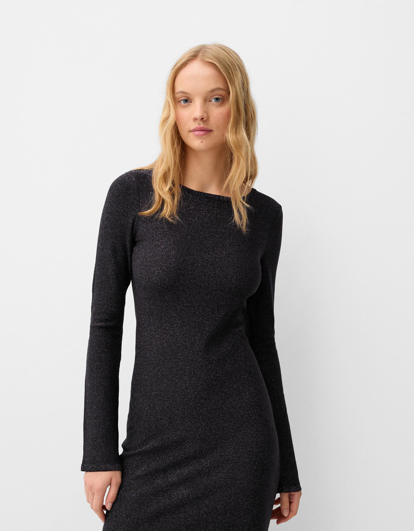 Bershka Vestido Midi Brillo Mujer M Negro