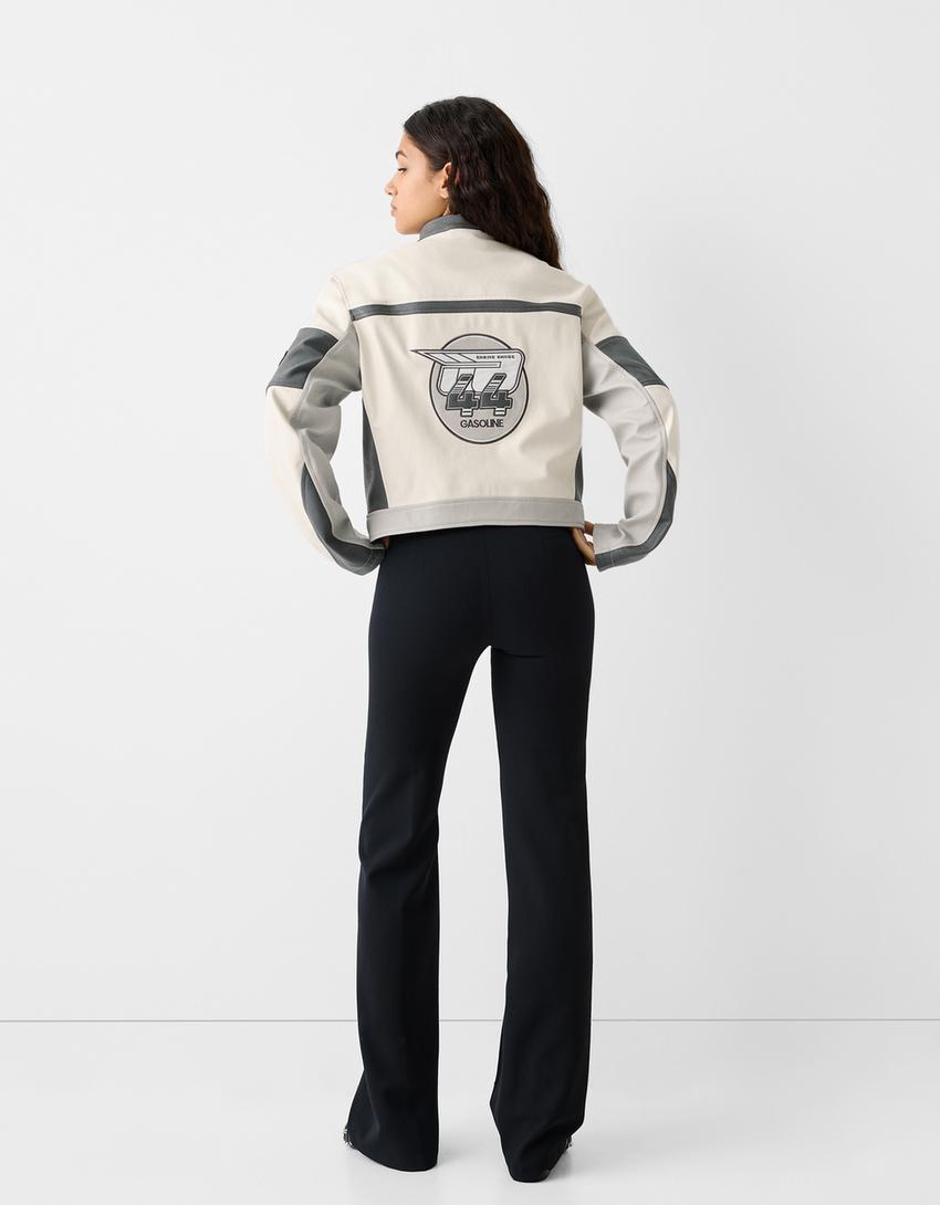 Leather effect embroidered racing jacket-Grey