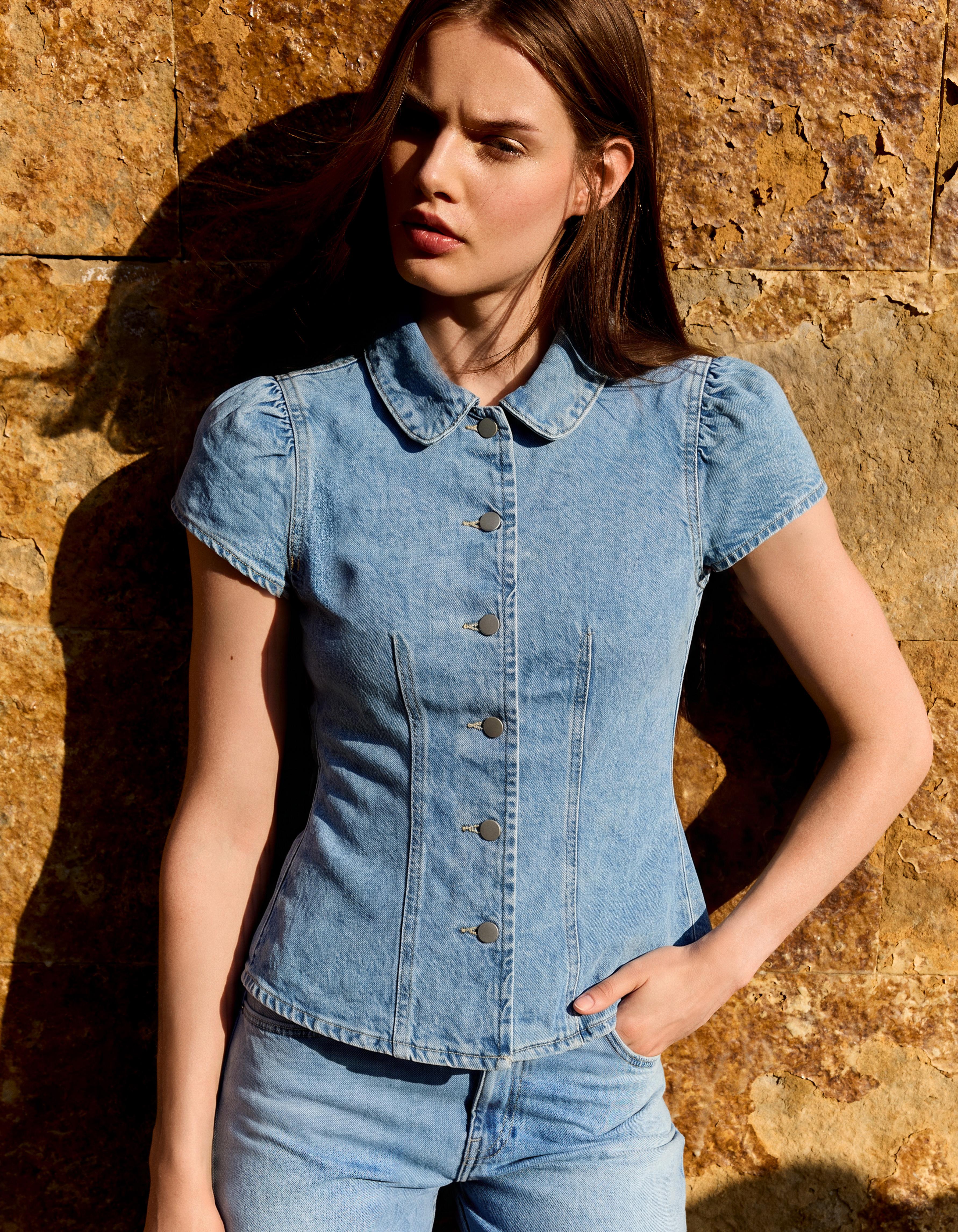 Bershka Top Manga Corta Denim Balloon Mujer Azul Lavado